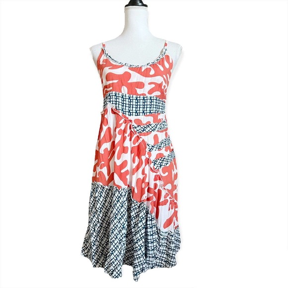 Anna Ocean Dresses & Skirts - ANNA OCEAN Fit Flare Dress Size M Coral Pattern Clash Cinched Back Ruffles